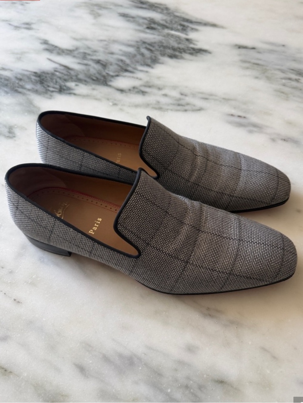 Christian Louboutin Grey Plaid Slip-On Loafers with Black Trim
